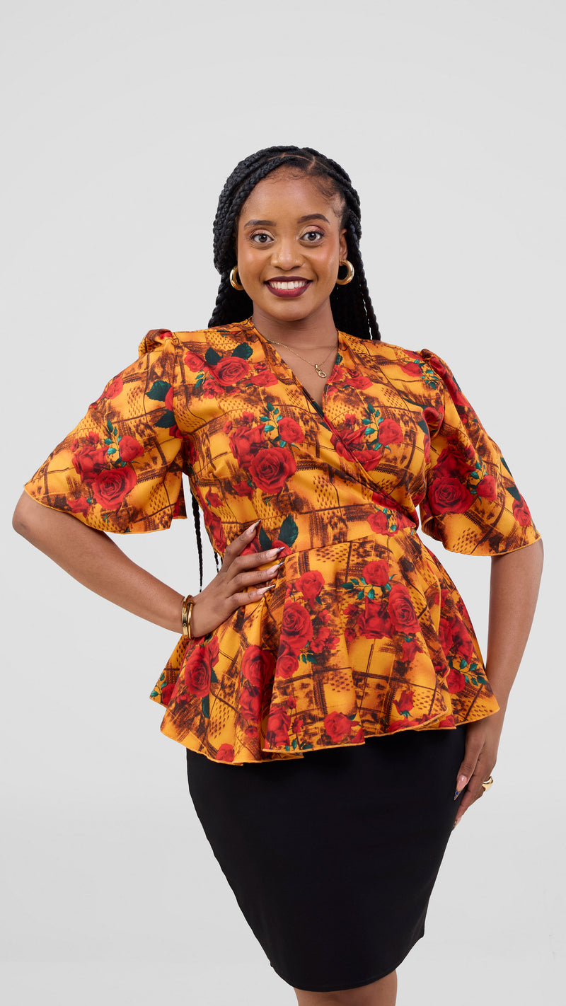 Bigan Wrap Blouse - Red flowered