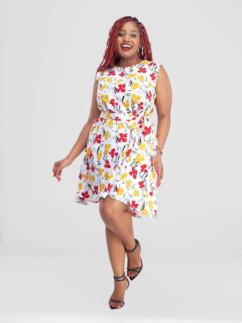 Delilah Floral Shift Dress-Mustard/White/Red