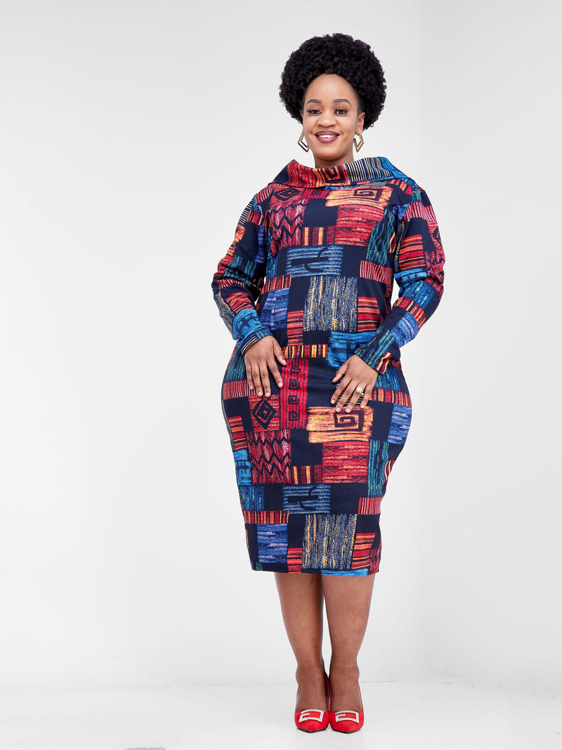 Multicolored Bodycon Dress - Red / Blue Print