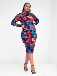 Multicolored Bodycon Dress - Red / Blue Print