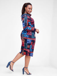 Multicolored Bodycon Dress - Red / Blue Print